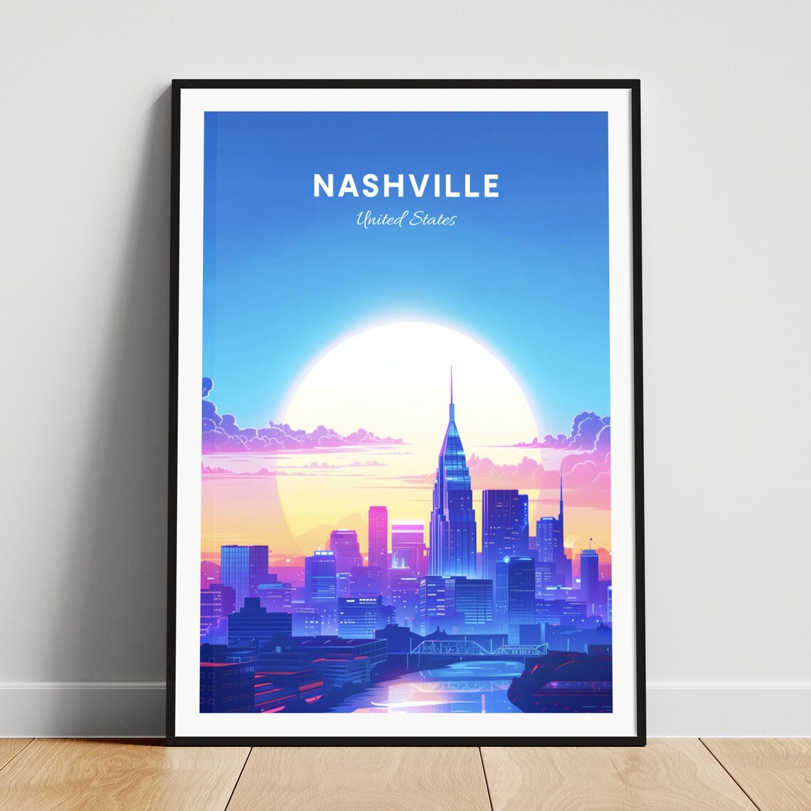 Nashville Tennessee Skyline River Bridge Sunset Travel Art Poster