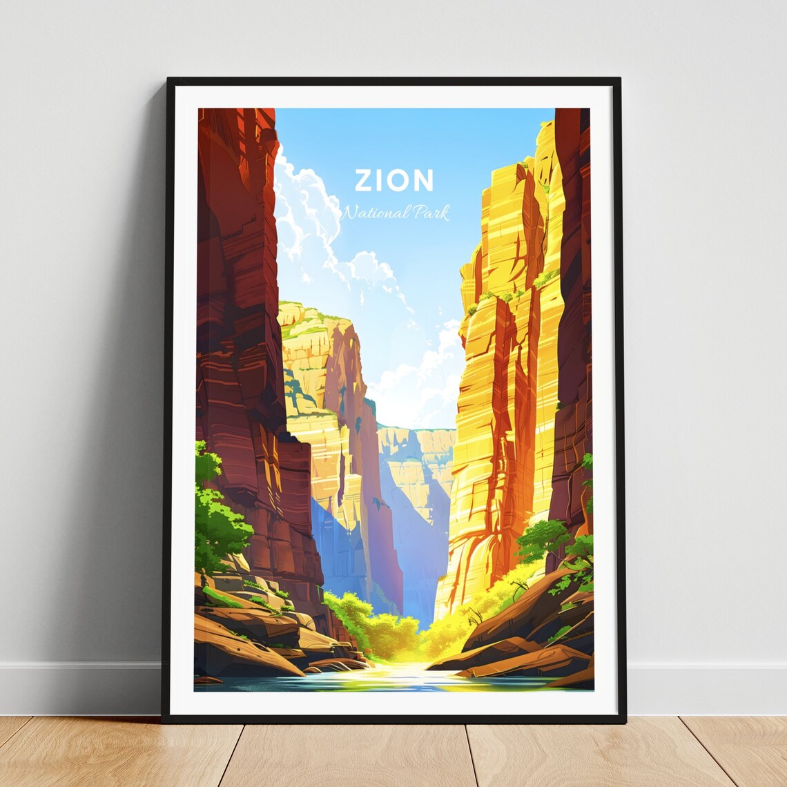 Zion National Park Golden Canyon under a Bright Blue Sky Poster