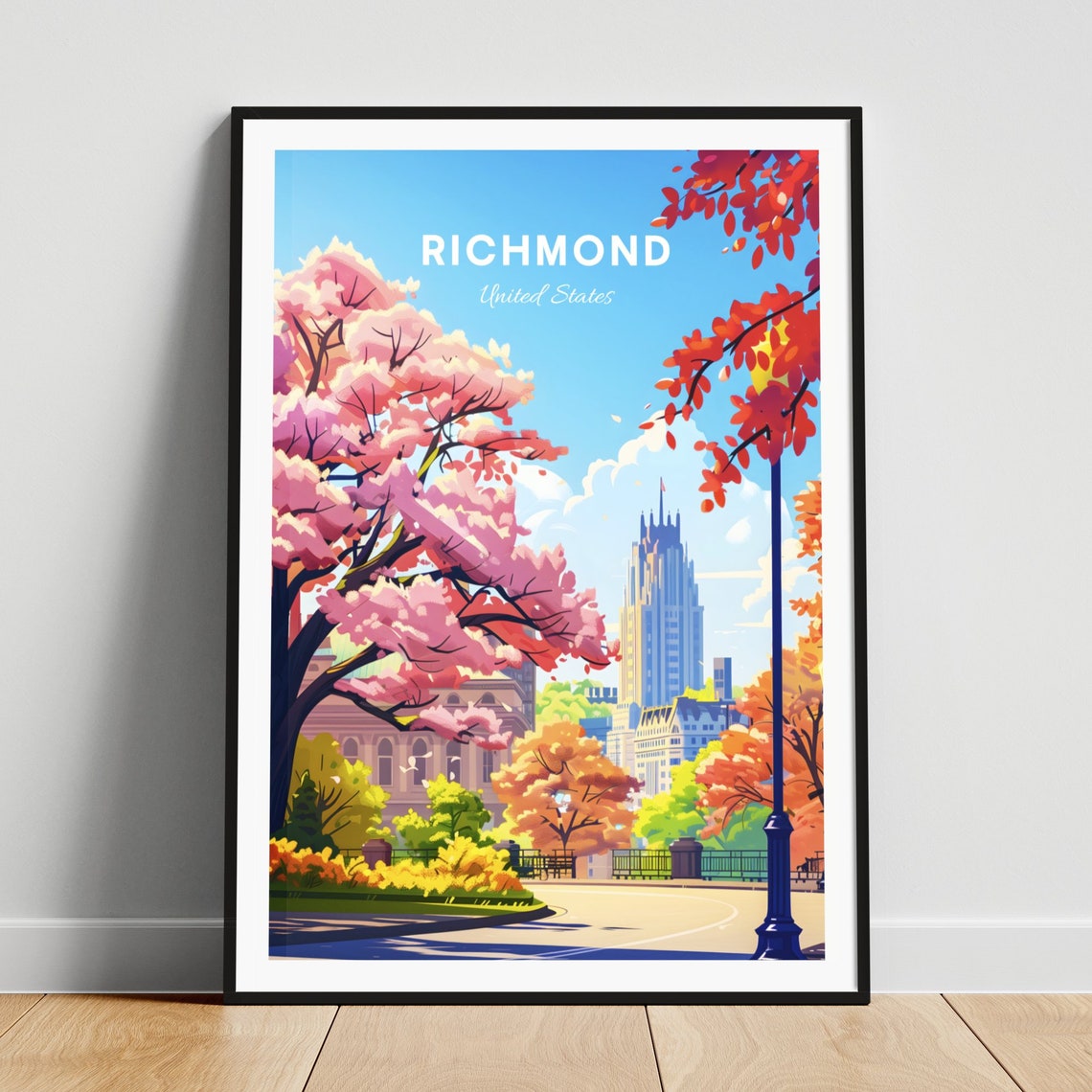 Richmond Cherry Blossom Park Spring City Tower Travel Poster