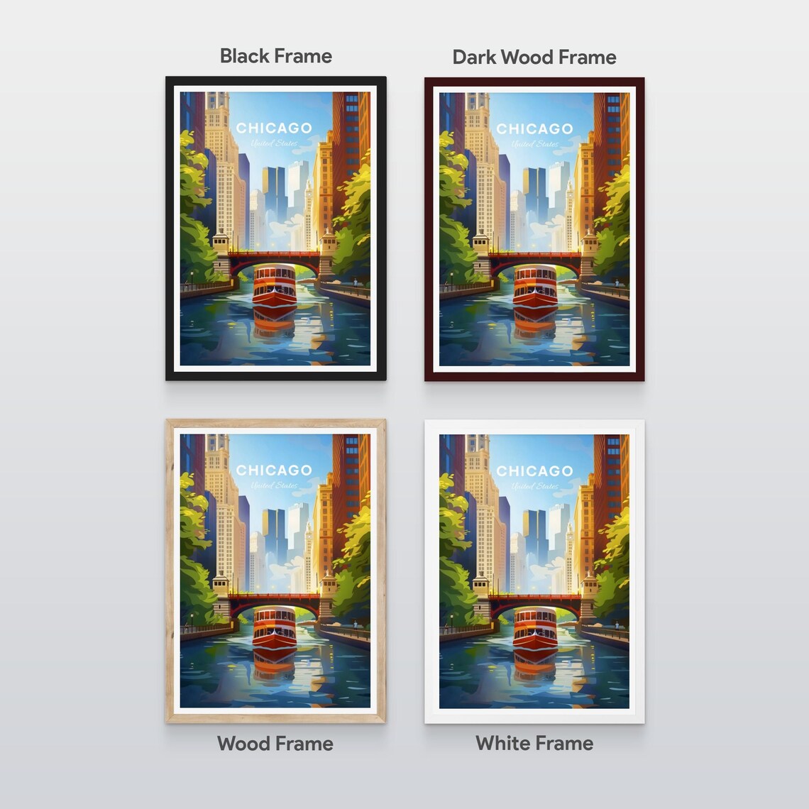 Chicago River Tour Boat Bridge Downtown Towers Day Travel Art Poster - Image 2