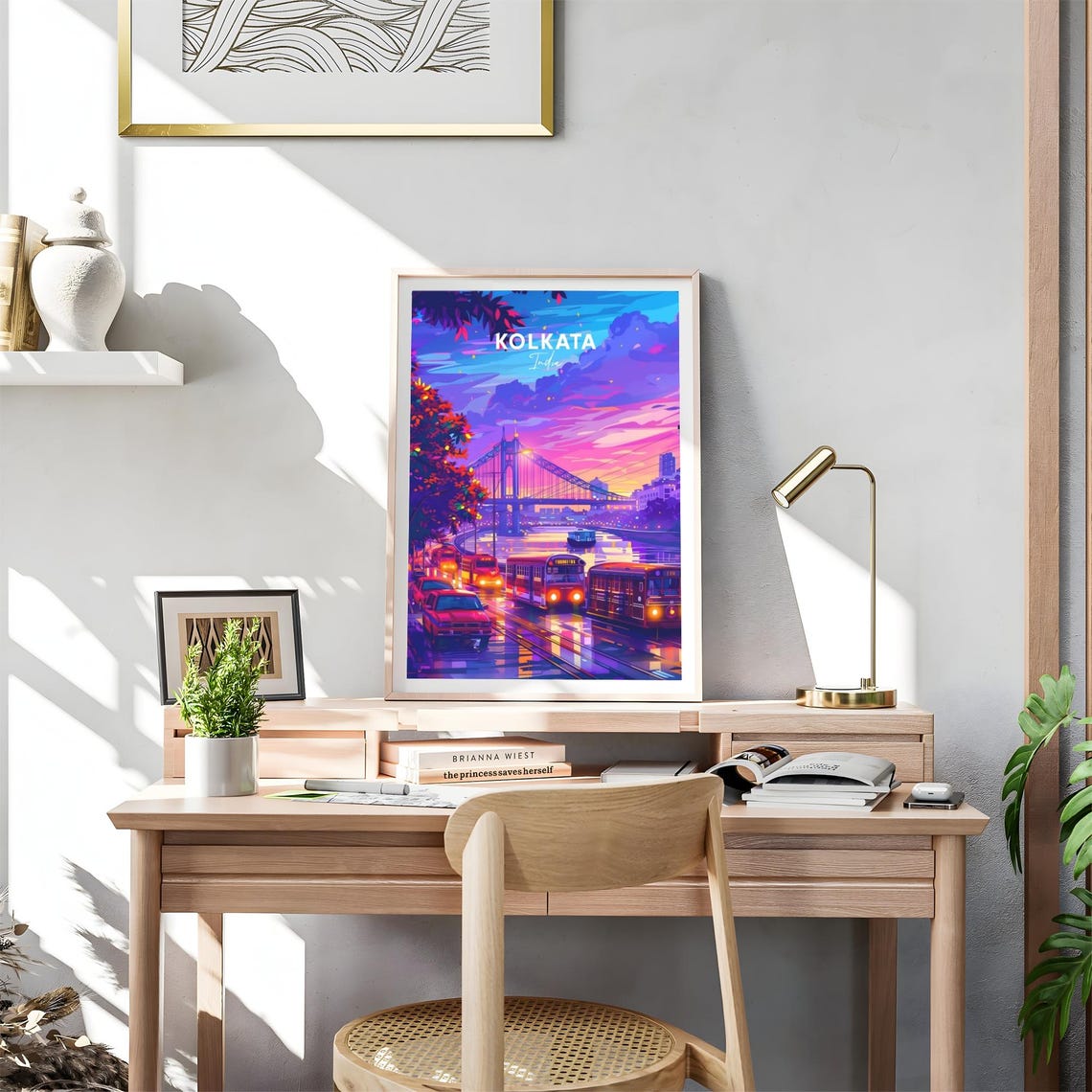 Kolkata India Howrah Bridge Sunset Trams Neon Cityscape Travel Poster - Image 4