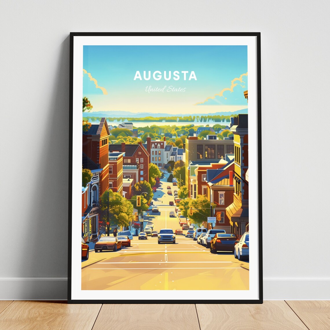Augusta Main Street Brick Buildings Sunny Day Town View Travel Poster
