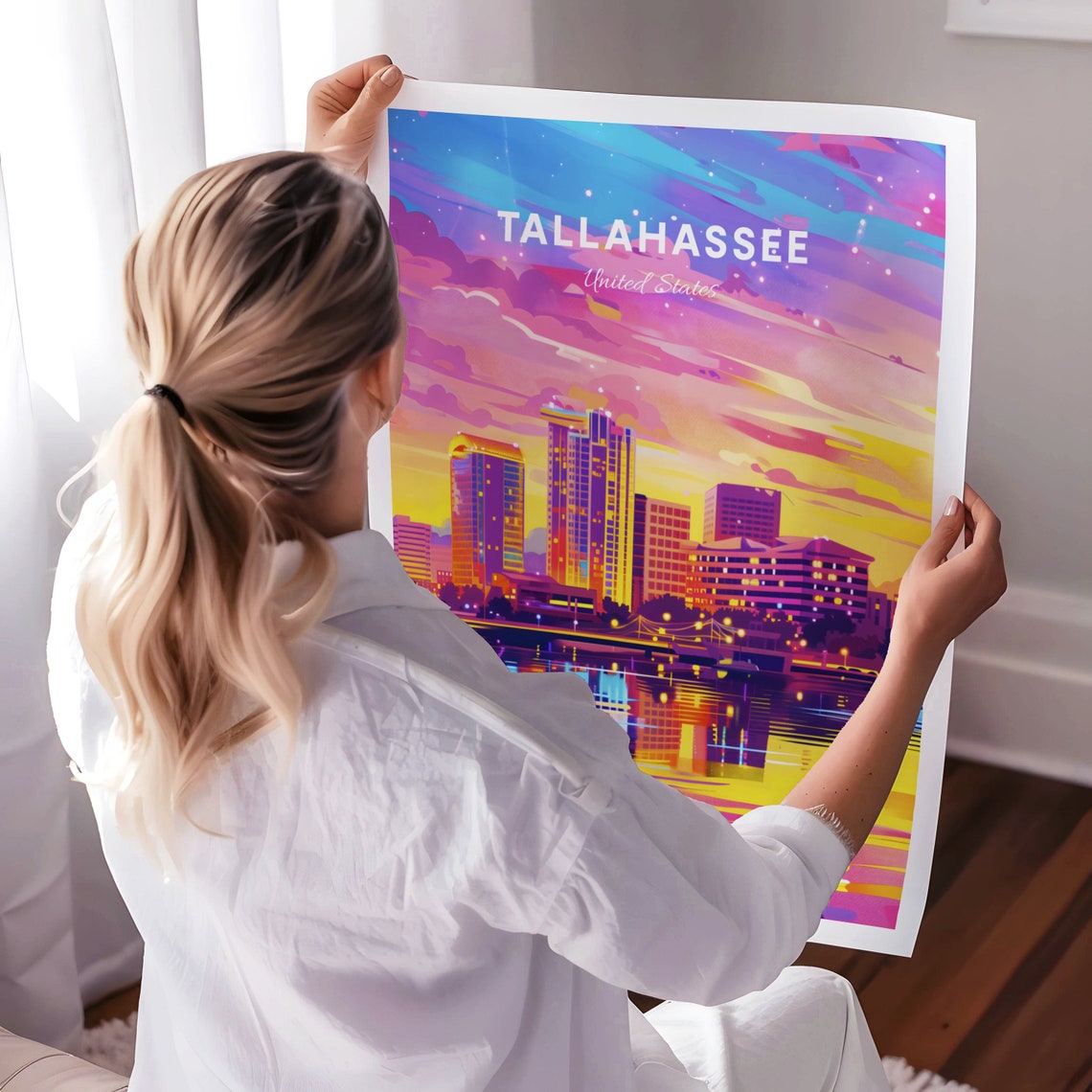 Tallahassee Florida City Skyline Sunset Water Reflection Poster - Image 3
