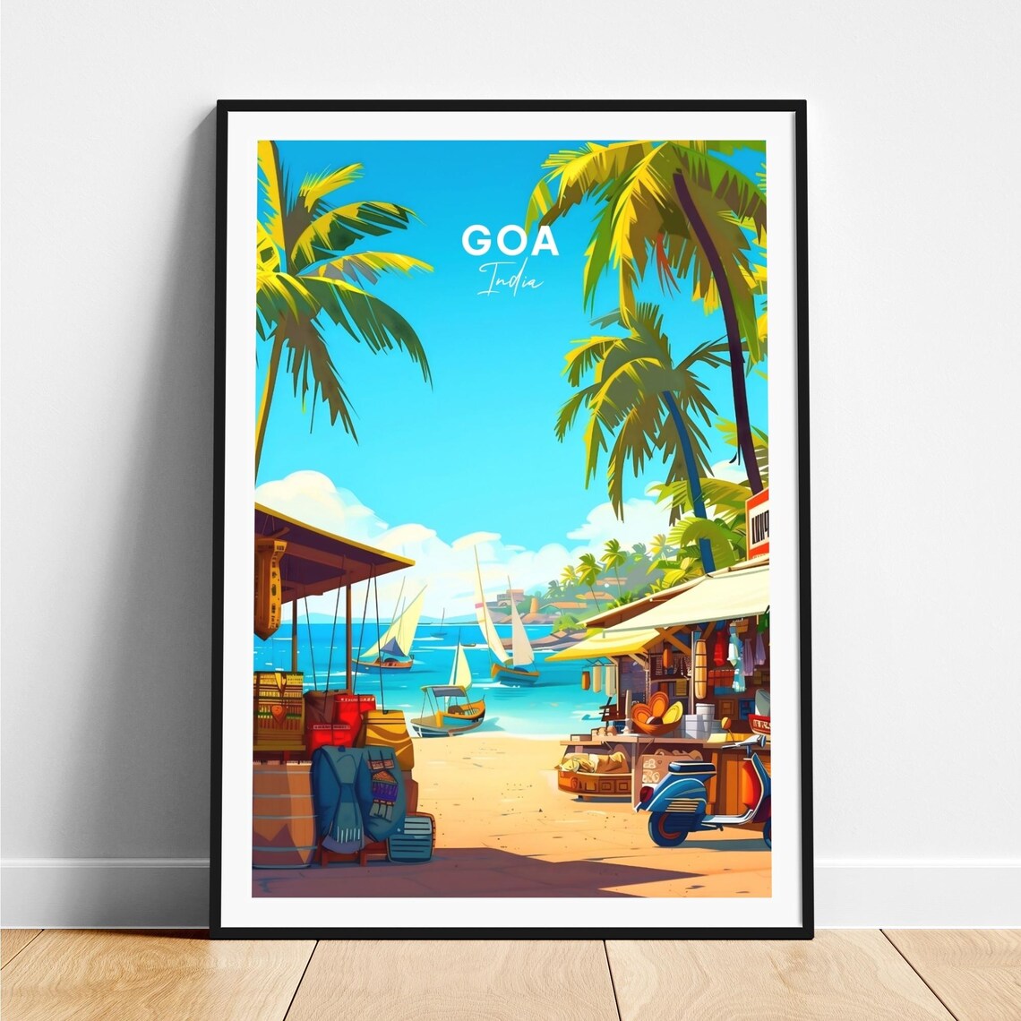 Goa India Beach Market Stalls Sailboats Swaying Palms Travel Poster