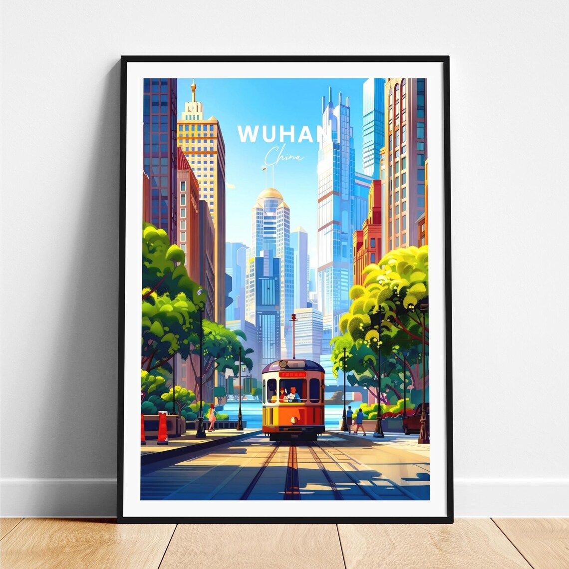 Wuhan China Tram Ride Modern Skyscraper Street Skyline Poster