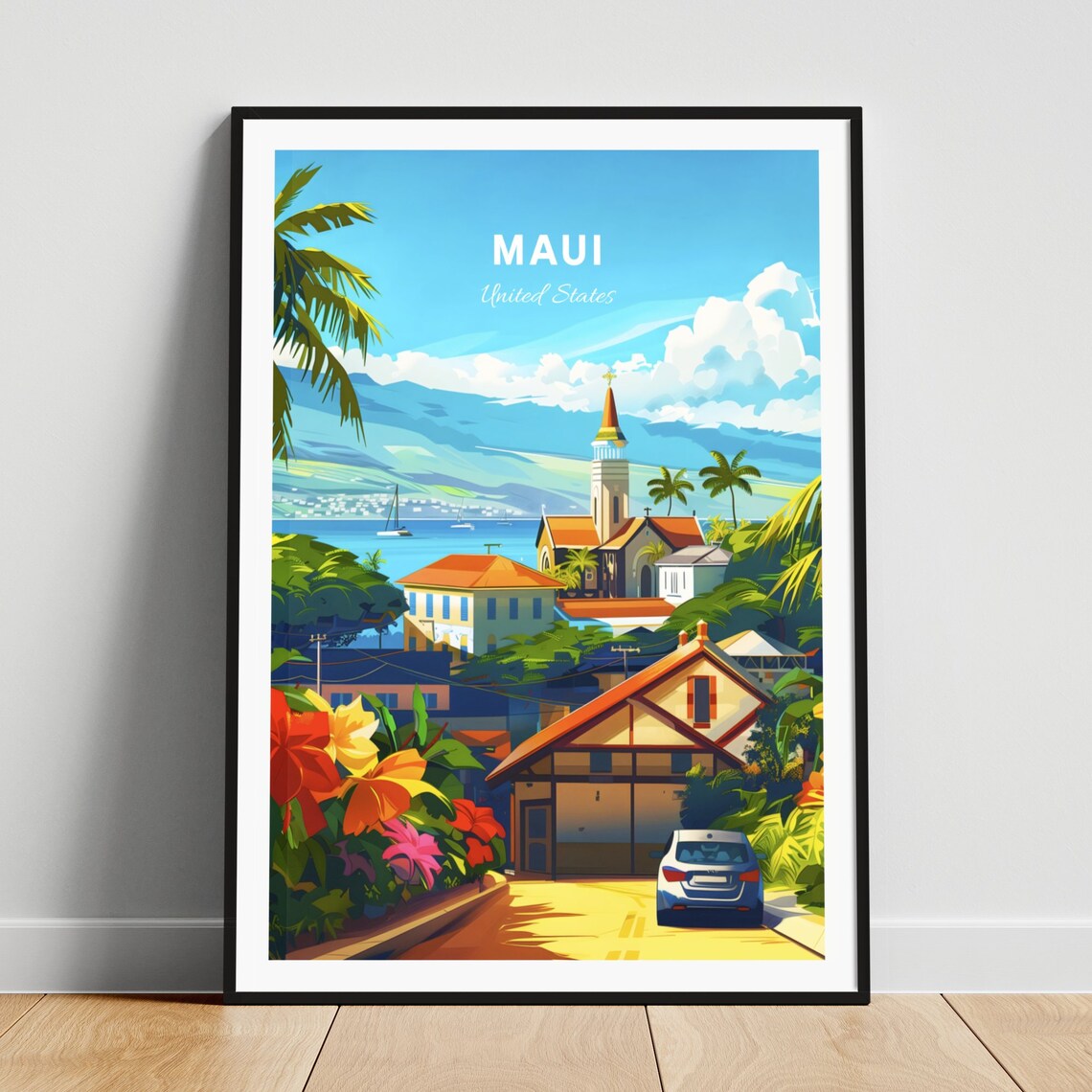 Maui Hawaii Coastal Village with Church and Hibiscus Travel Poster