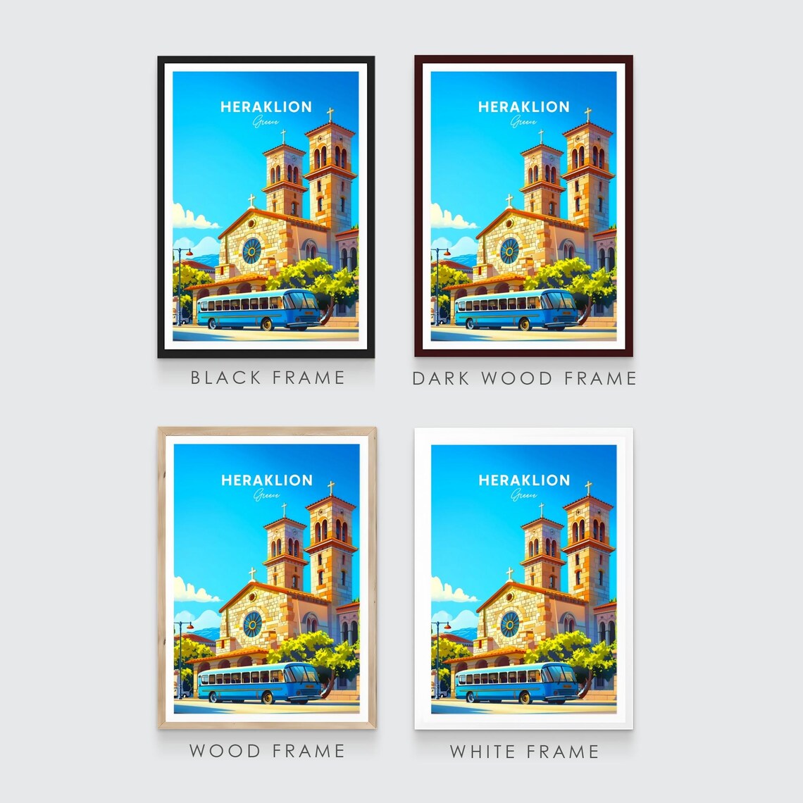 Heraklion Greece Church Twin Towers Blue Bus City Travel Poster - Image 3