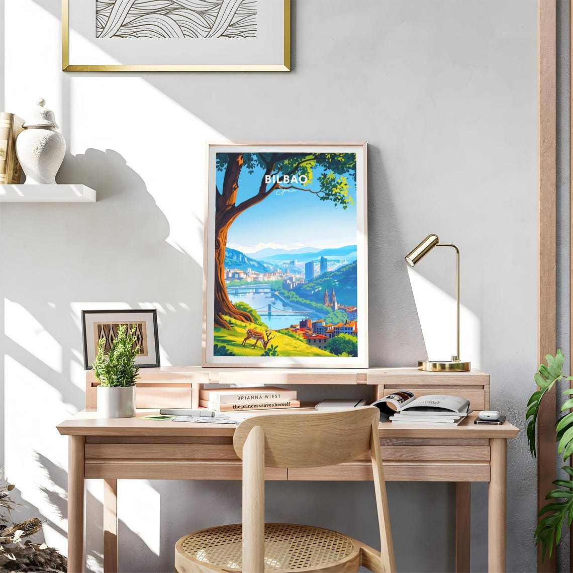 Bilbao River Valley City Panorama Tree Deer Grazing Hill Travel Poster - Image 4