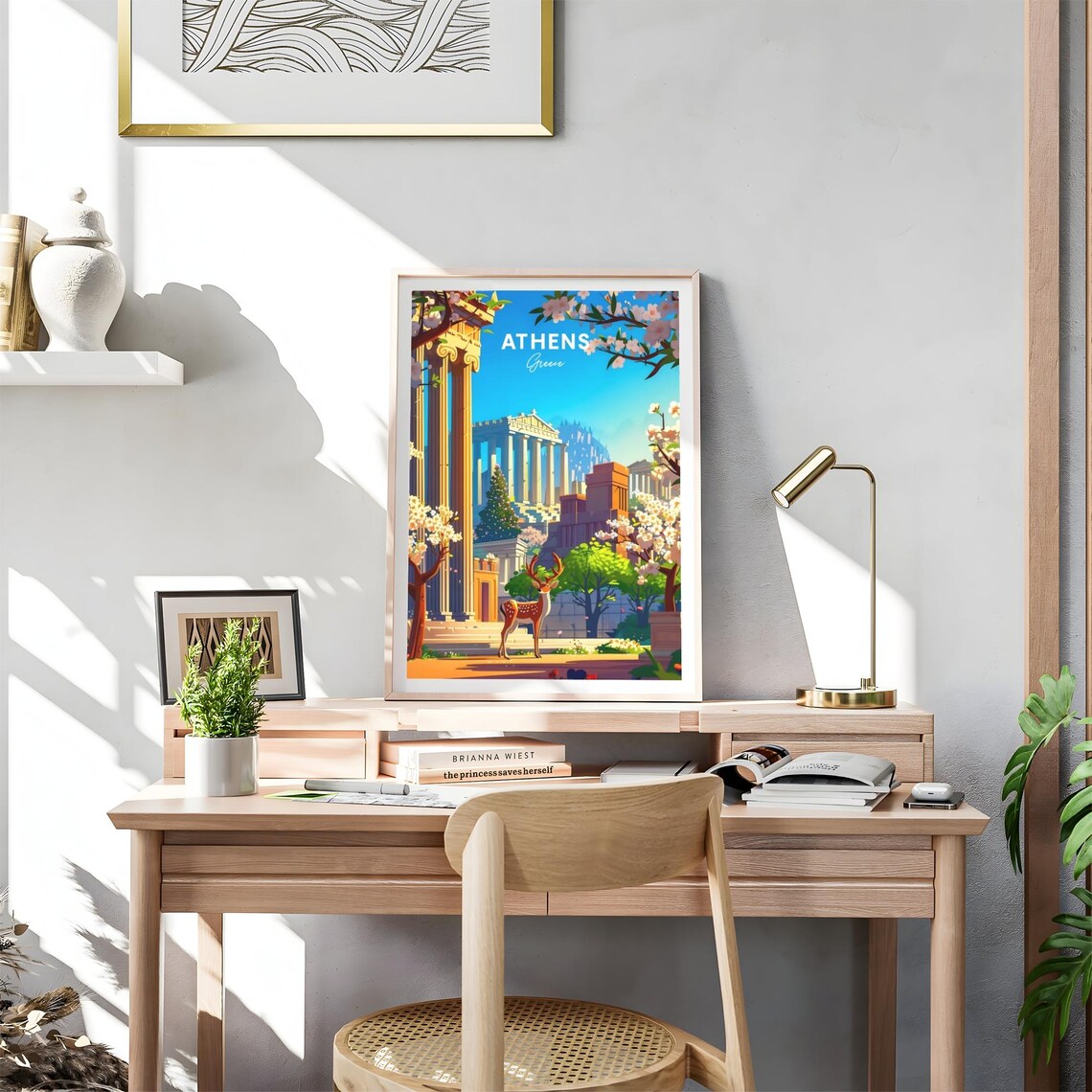 Athens Greece Parthenon Deer Spring Blossom Landmark Travel Poster - Image 4