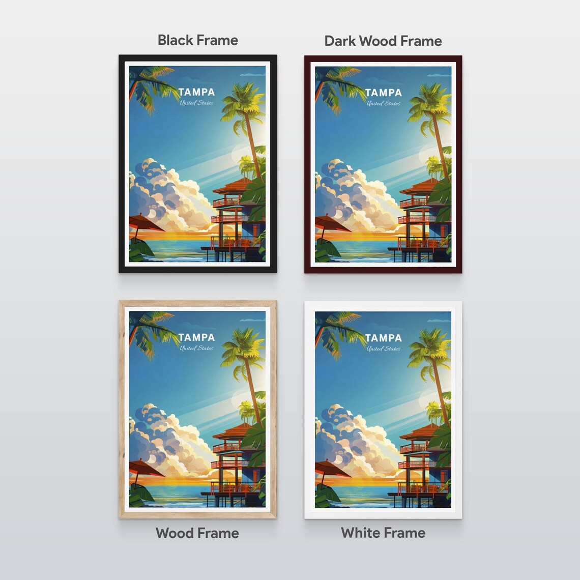 Tampa Florida Beach House Tropical Sunset Palm Trees Travel Poster - Image 2