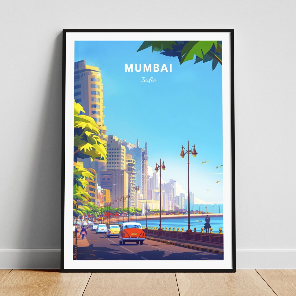 Mumbai India Marine Drive Seafront Classic Cars Vintage Travel Poster