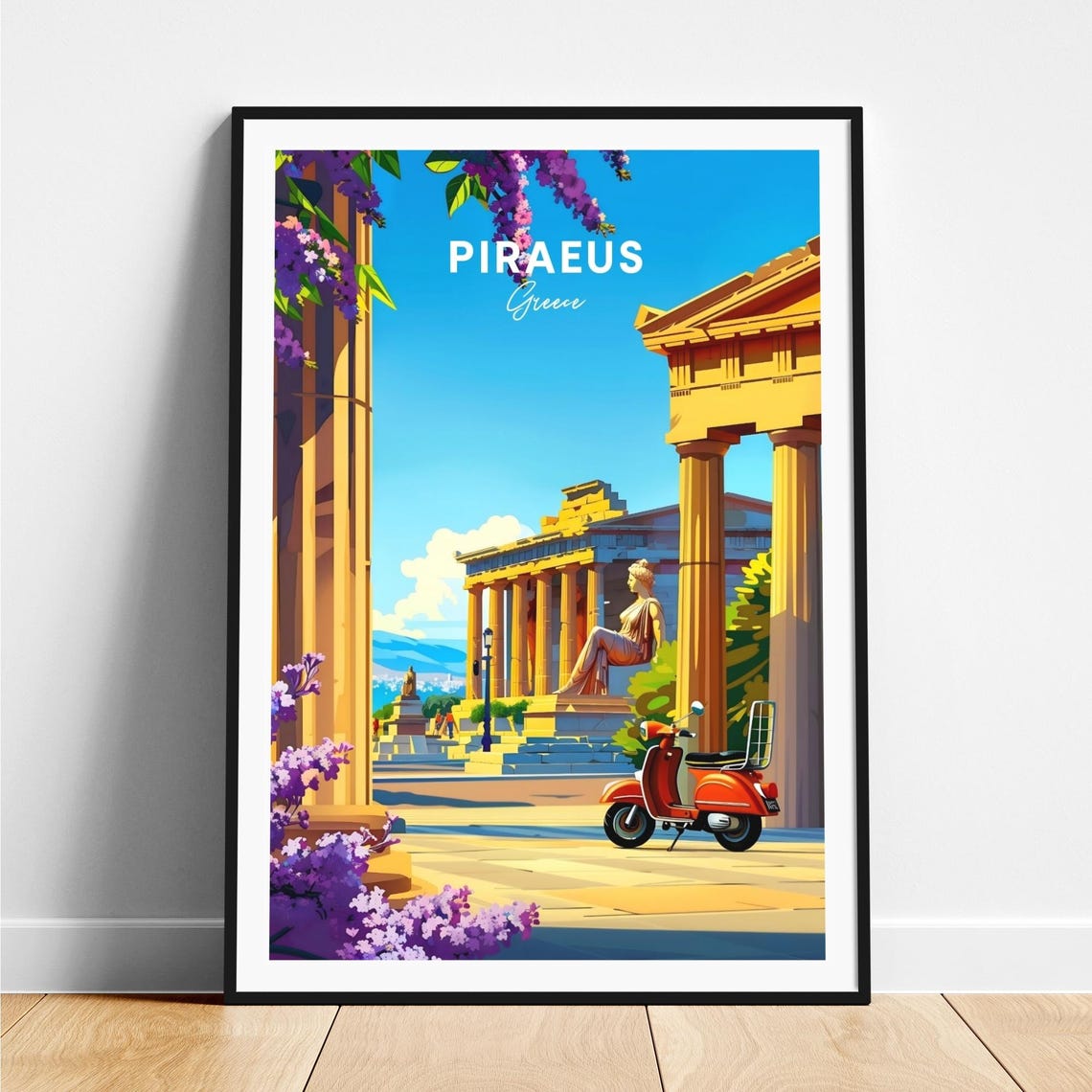 Piraeus Greece Ancient Columns Statue Vespa Spring Travel Poster