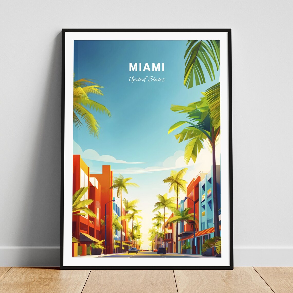 Miami Florida Palm Lined Avenue Colorful Buildings Travel Poster