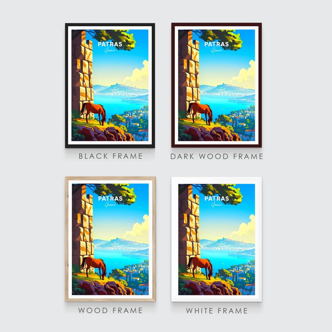 Patras Greece Horse Grazing on Cliff Overlooking the City Poster - Image 3