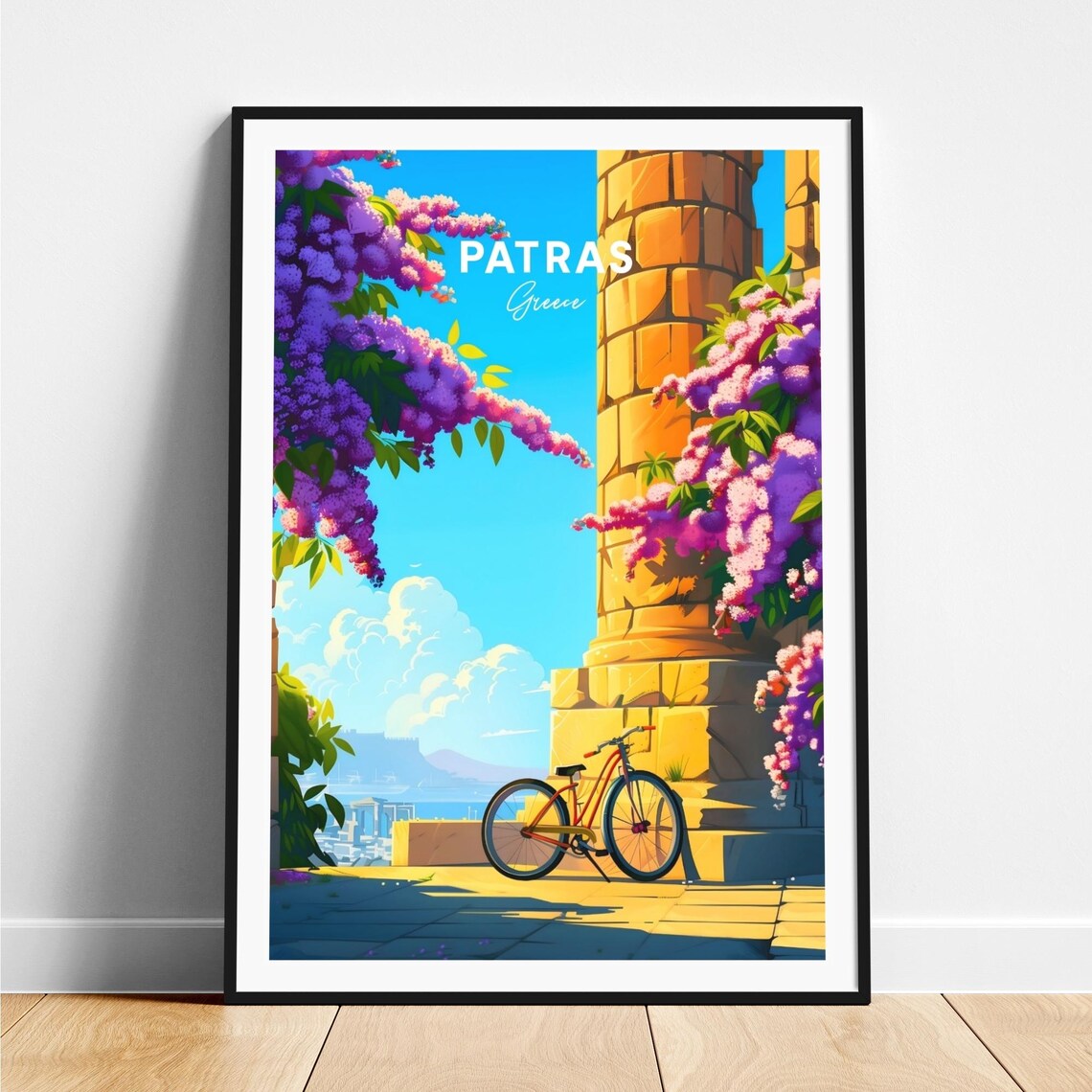 Patras Greece Stone Column Wisteria Bicycle Travel Art Poster
