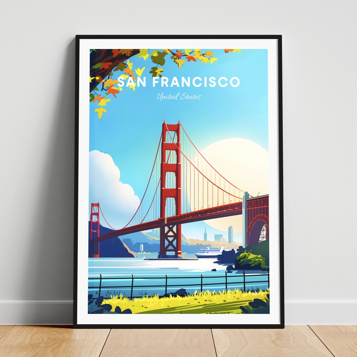 San Francisco Golden Gate Bridge View Through Autumn Leaves Poster