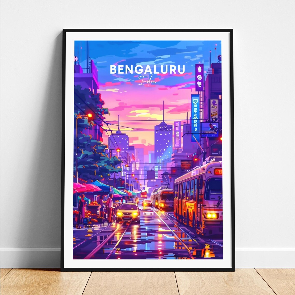 Bengaluru India Sunset Market Street Neon Buses Travel Poster