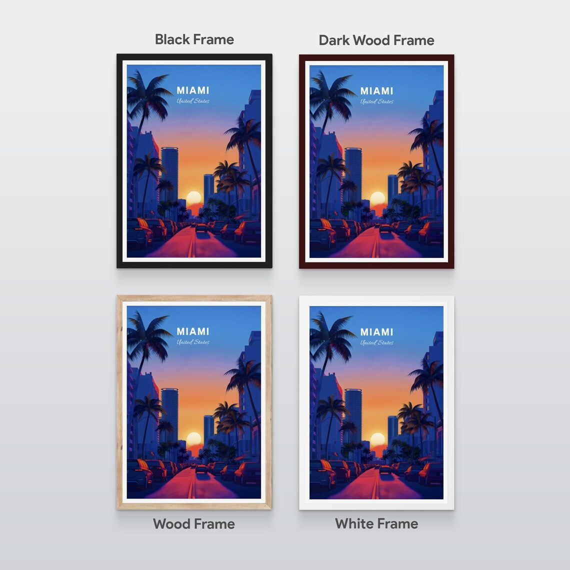 Miami Florida Palm Lined Street At Sunset City Travel Poster Art - Image 2