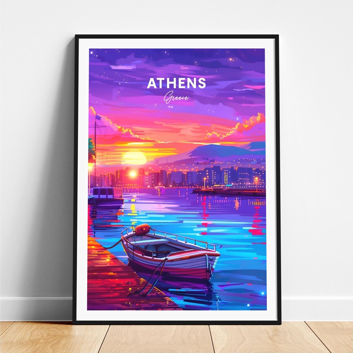 Athens Greece Neon Sunset Harbor Boat Glowing Water Travel Poster
