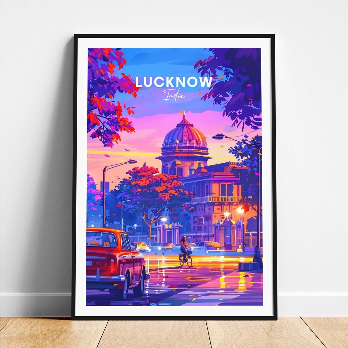 Lucknow Sunset Street Vintage Car Domed Building Travel Poster