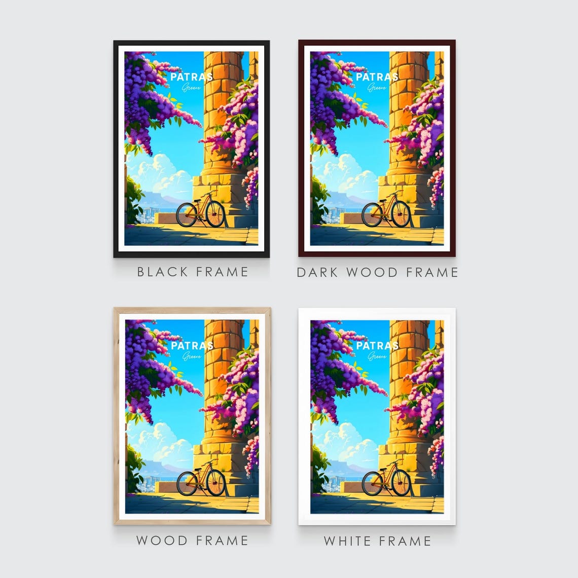 Patras Greece Stone Column Wisteria Bicycle Travel Art Poster - Image 3
