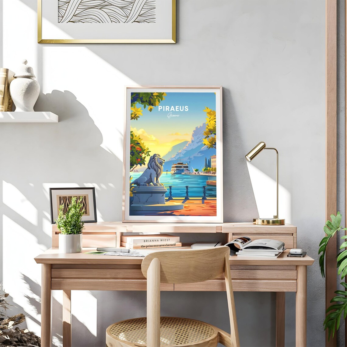 Piraeus Greece Stone Lion Statue Waterfront Ferry Sunset Travel Poster - Image 4