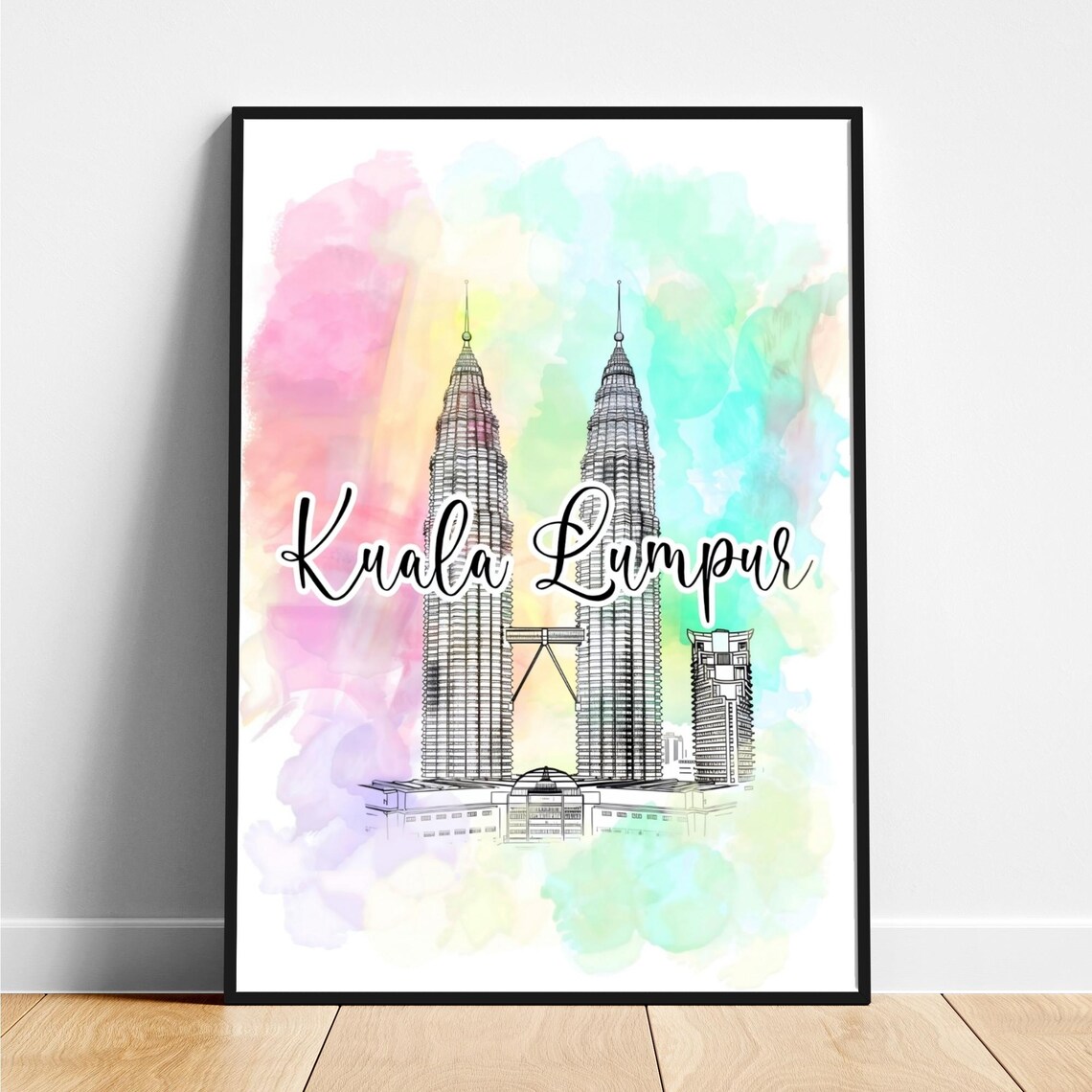 Kuala Lumpur Twin Towers Watercolor Script Lettering Travel Poster