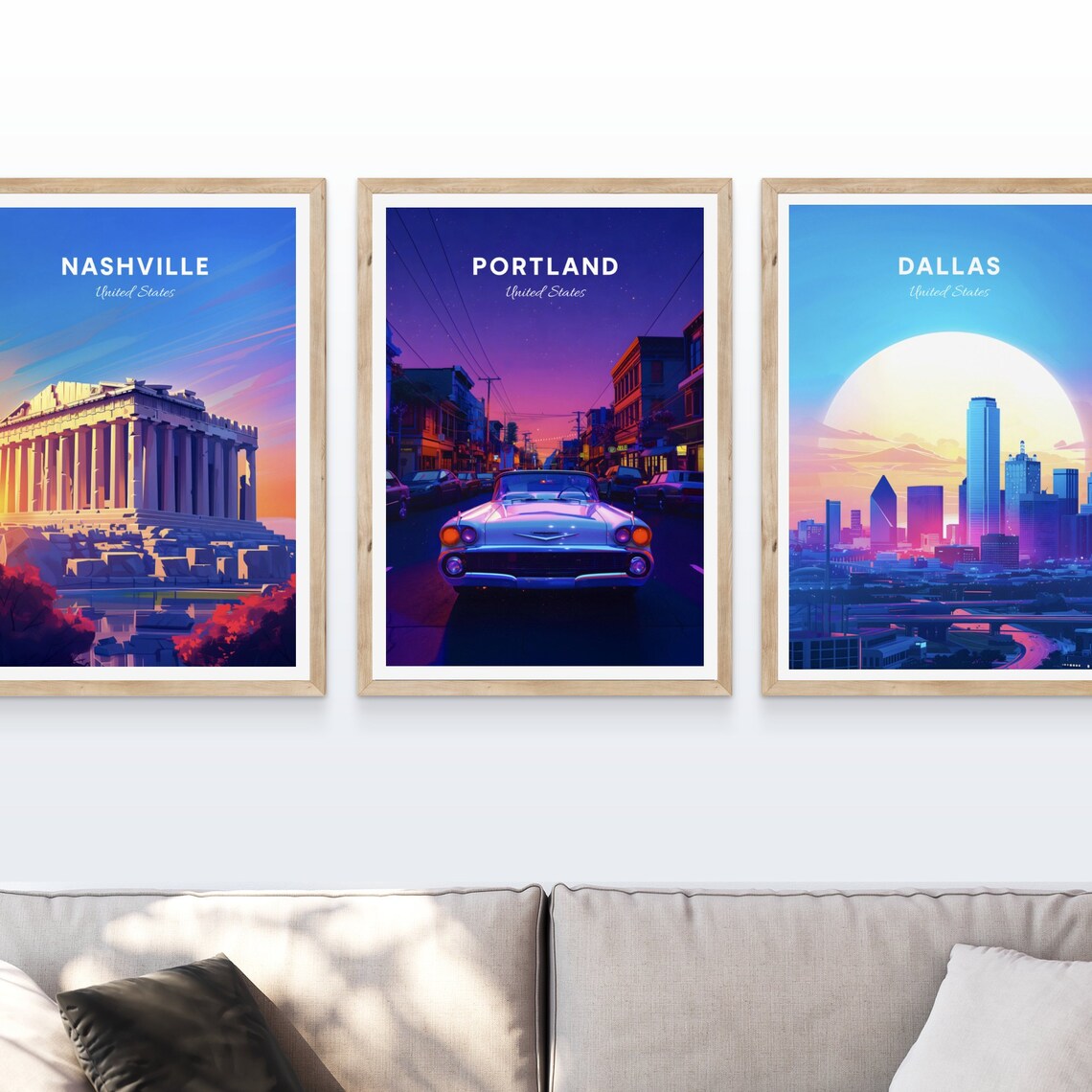 Portland Vintage Convertible on a Neon Lit Night Street Travel Poster - Image 4