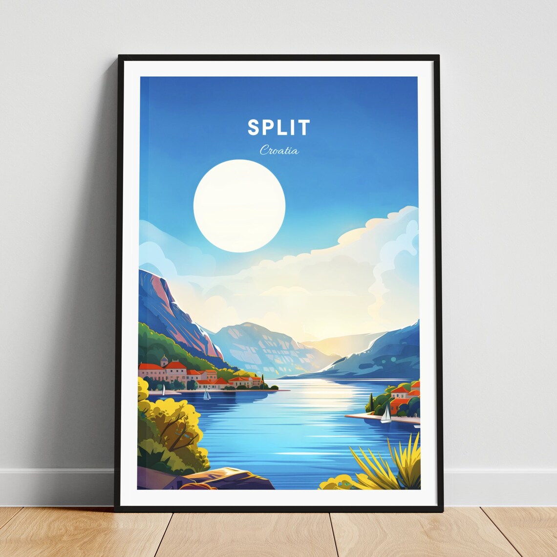Split Croatia Sunlit Bay Mountain Shore Red Roof Village Poster