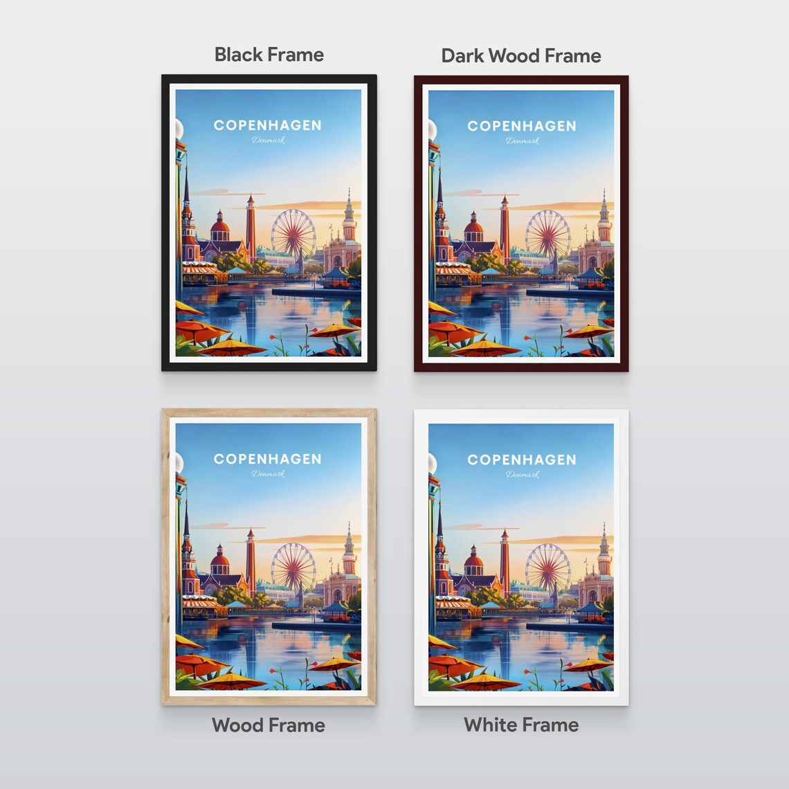 Copenhagen Denmark Tivoli Sunset Ferris Wheel Water Travel Poster - Image 2