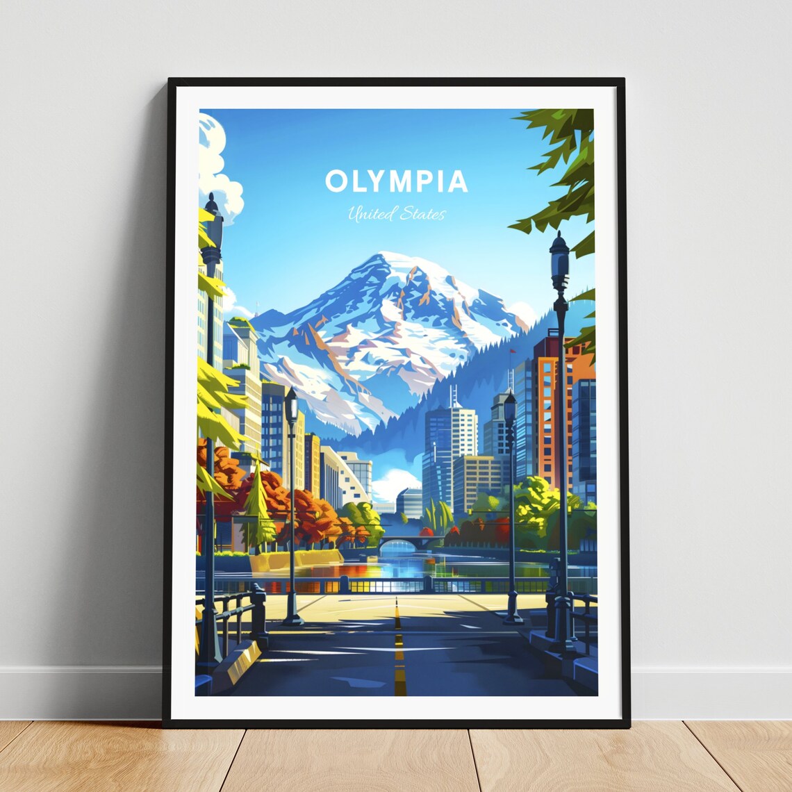 Olympia Washington Mountain Bridge River Daytime Travel Poster