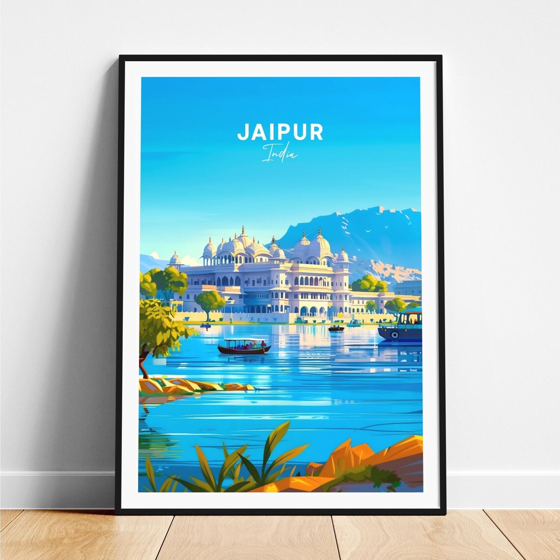 Jaipur India Lake Palace Boats Sunset Reflection Travel Poster