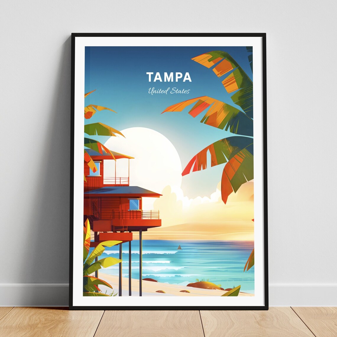 Tampa Florida Lifeguard Tower Beach Sunset Palm Trees Travel Poster
