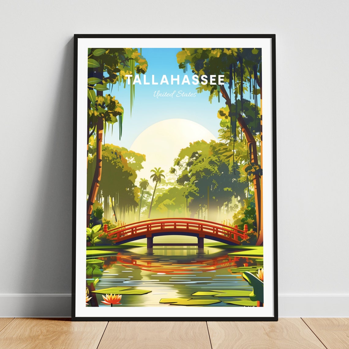 Tallahassee Florida Red Bridge Pond Garden Illustration Poster