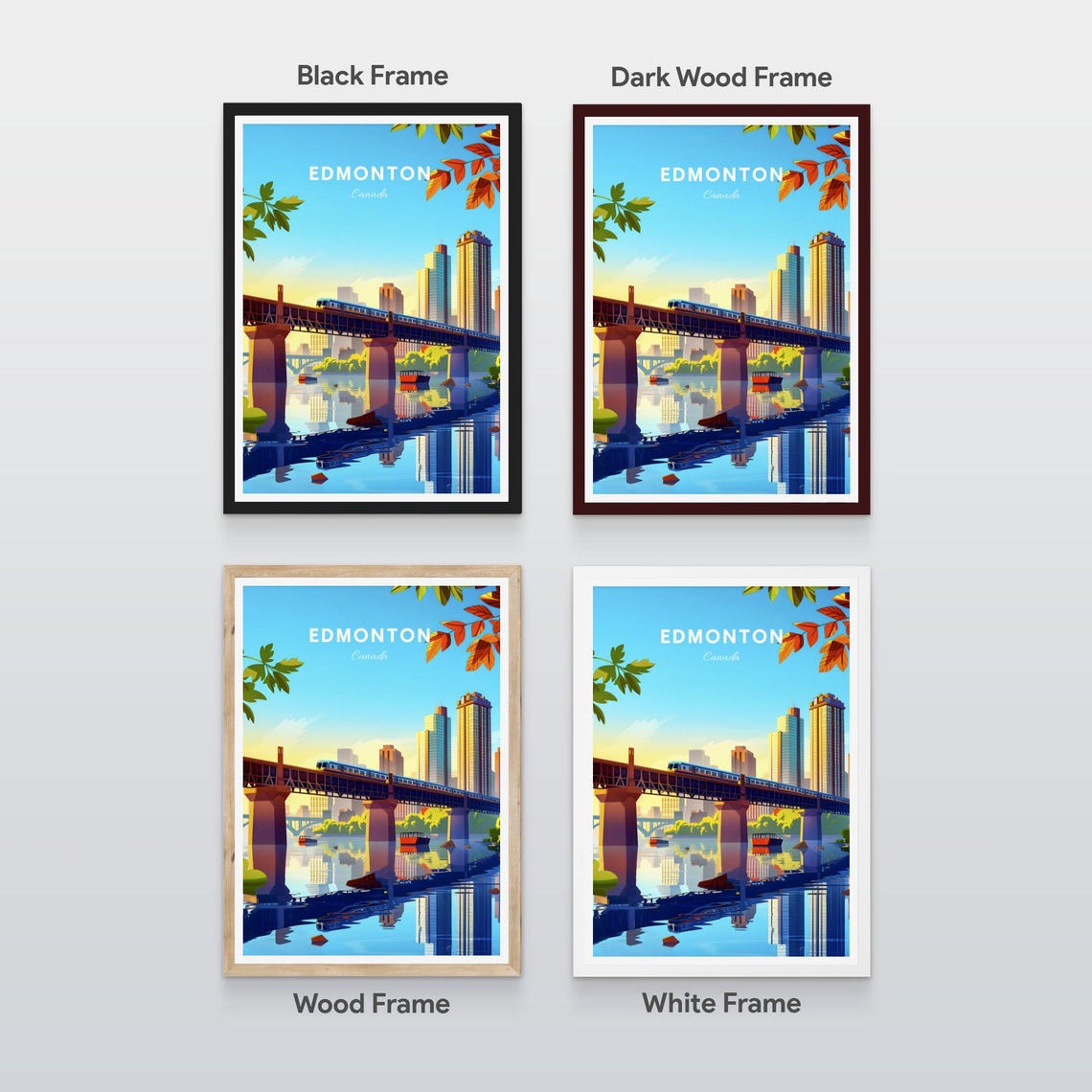 Edmonton Canada Train Bridge Skyline River Reflection Travel Poster - Image 2