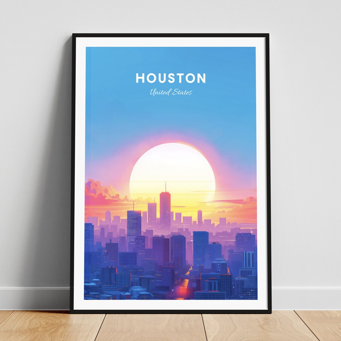 Houston Texas Skyline at Dusk Beneath a Glowing Orange Sun Poster