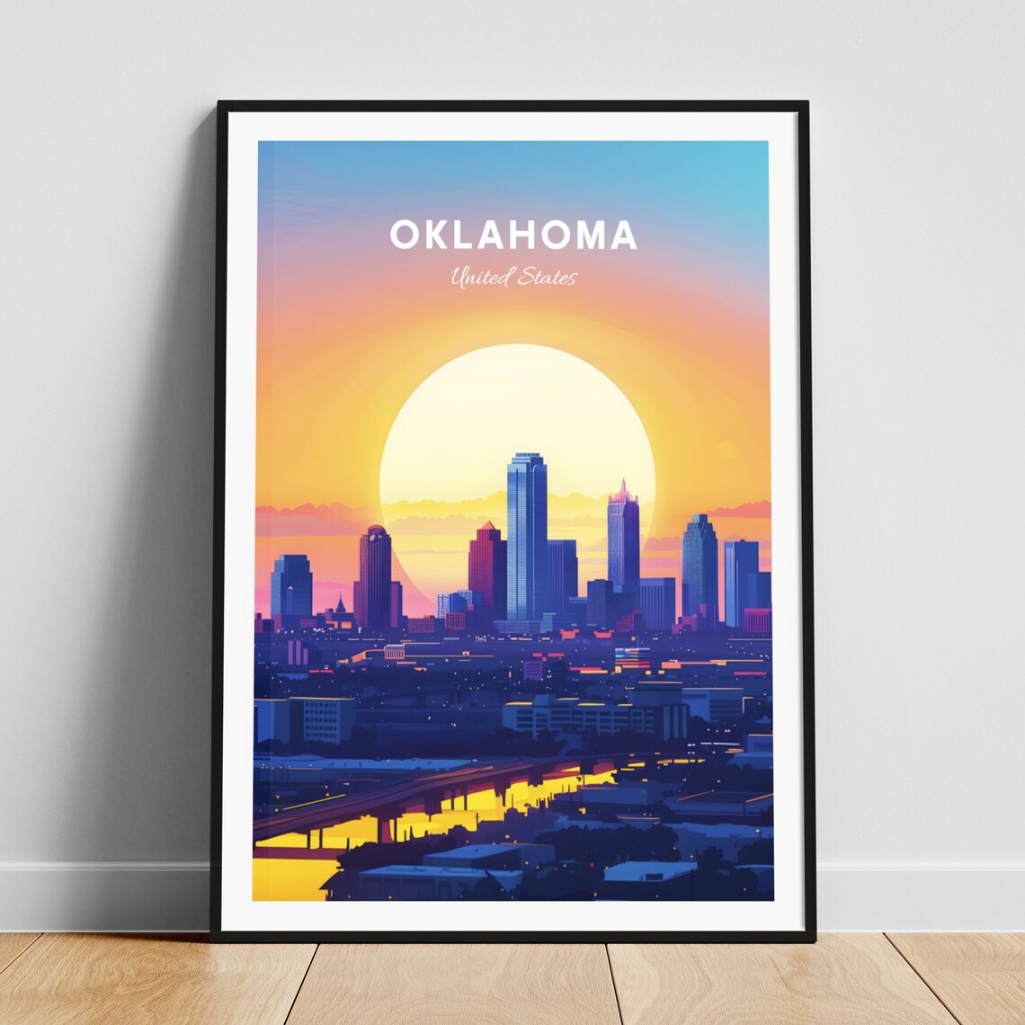 Oklahoma Sunset Skyline River Bridge Orange Sky Glow Travel Poster