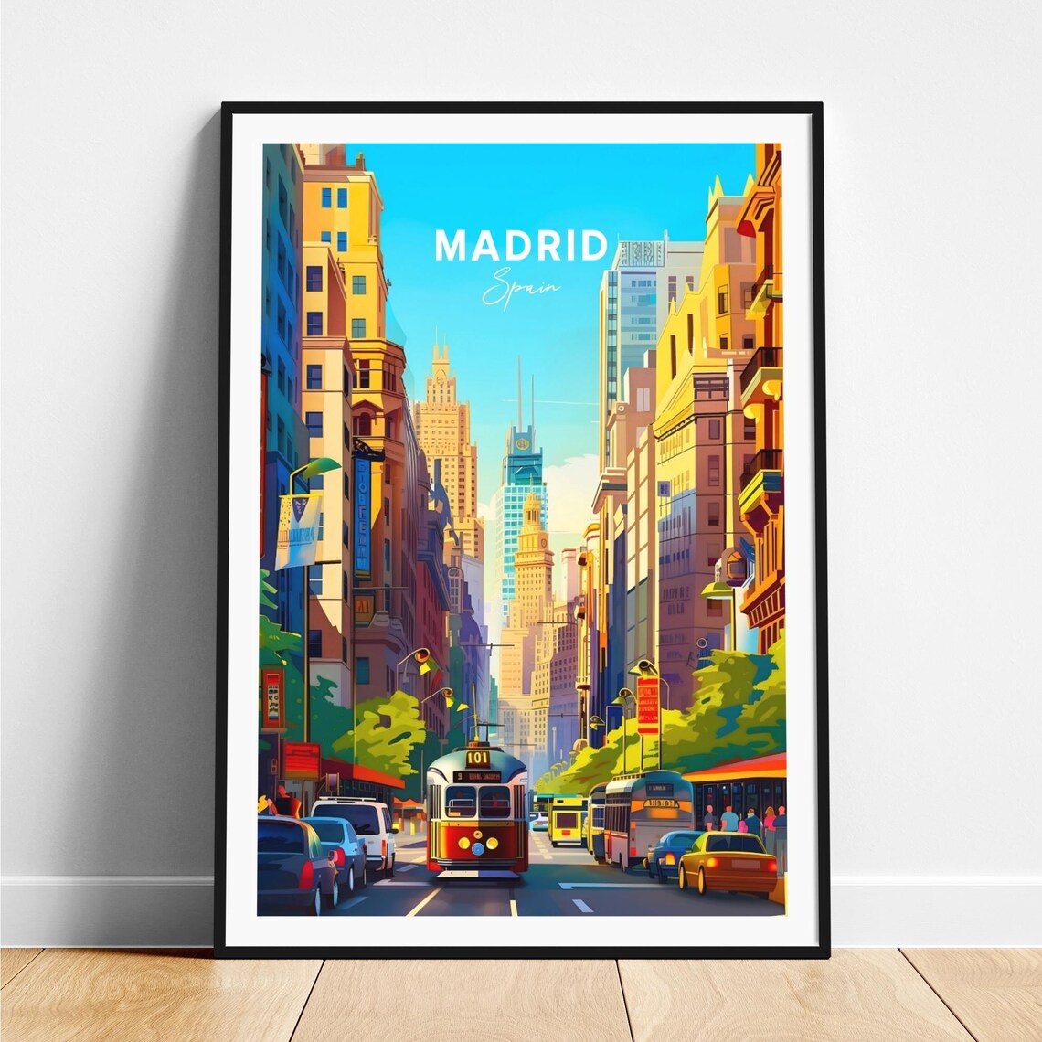 Madrid City Tram Street Vintage Buildings Sunny Day Travel Poster