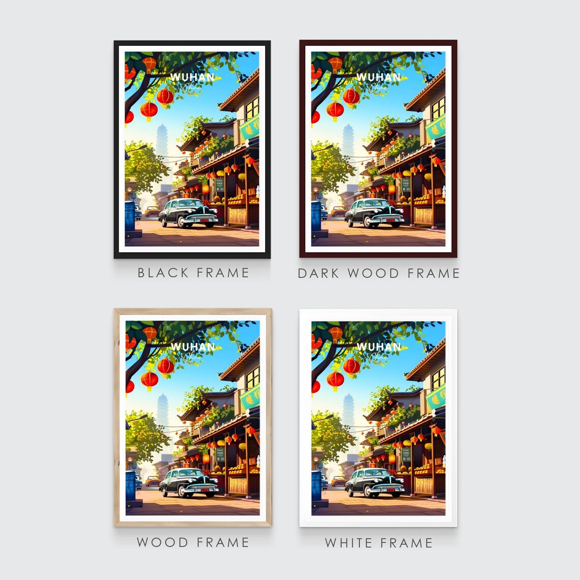 Wuhan China Old Street Lanterns Vintage Cars Pagoda Day Poster - Image 3
