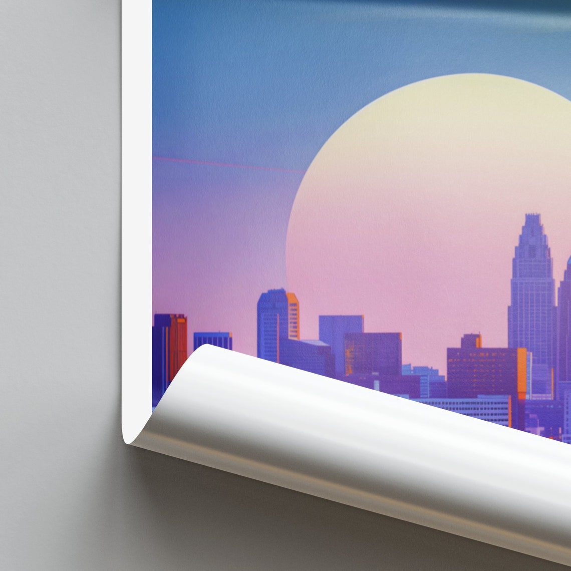 Des Moines Downtown Skyline Under Large Rising Sun Travel Poster - Image 2
