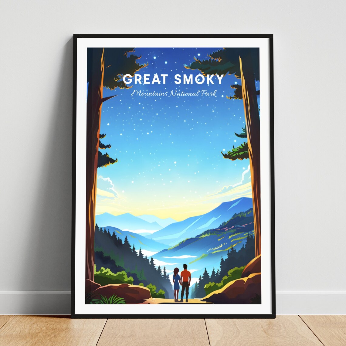 Great Smoky Mountains Couple Watching Sunrise Overlook Travel Poster