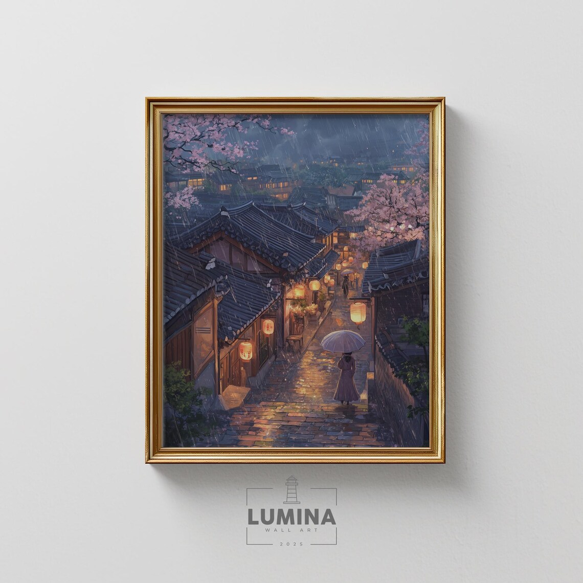 Seoul Bukchon Hanok Village Rainy Night Cherry Blossom Poster