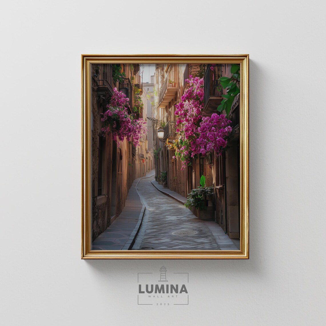 Old Town Bougainvillea Balcony Cobblestone Street Romantic Art Poster