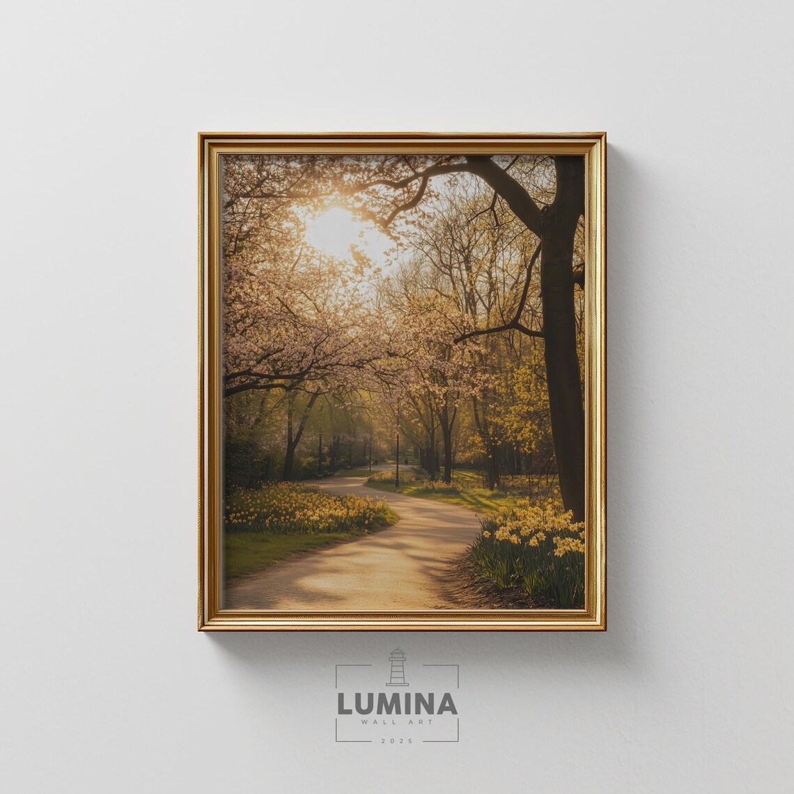 Golden Spring Park Path Sunlit Trees Tranquil Nature Walk Earthy Landscape Rustic Botanical Wall Print 350