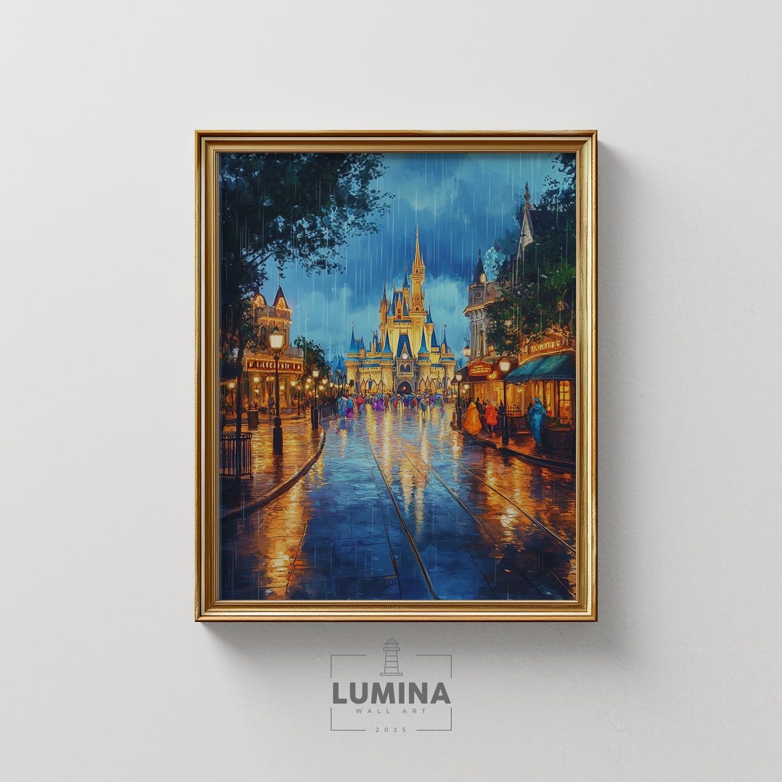 Fairytale Castle At Night Rainy Main Street Golden Glow Art Poster