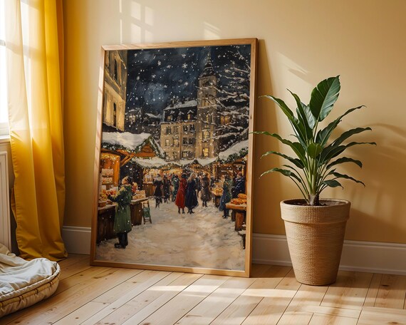 Bustling Winter Market Town Square Snowy Christmas Scene Poster