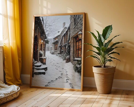 Snowy Alleyway Old European Town Lanterns Footprints Winter Poster