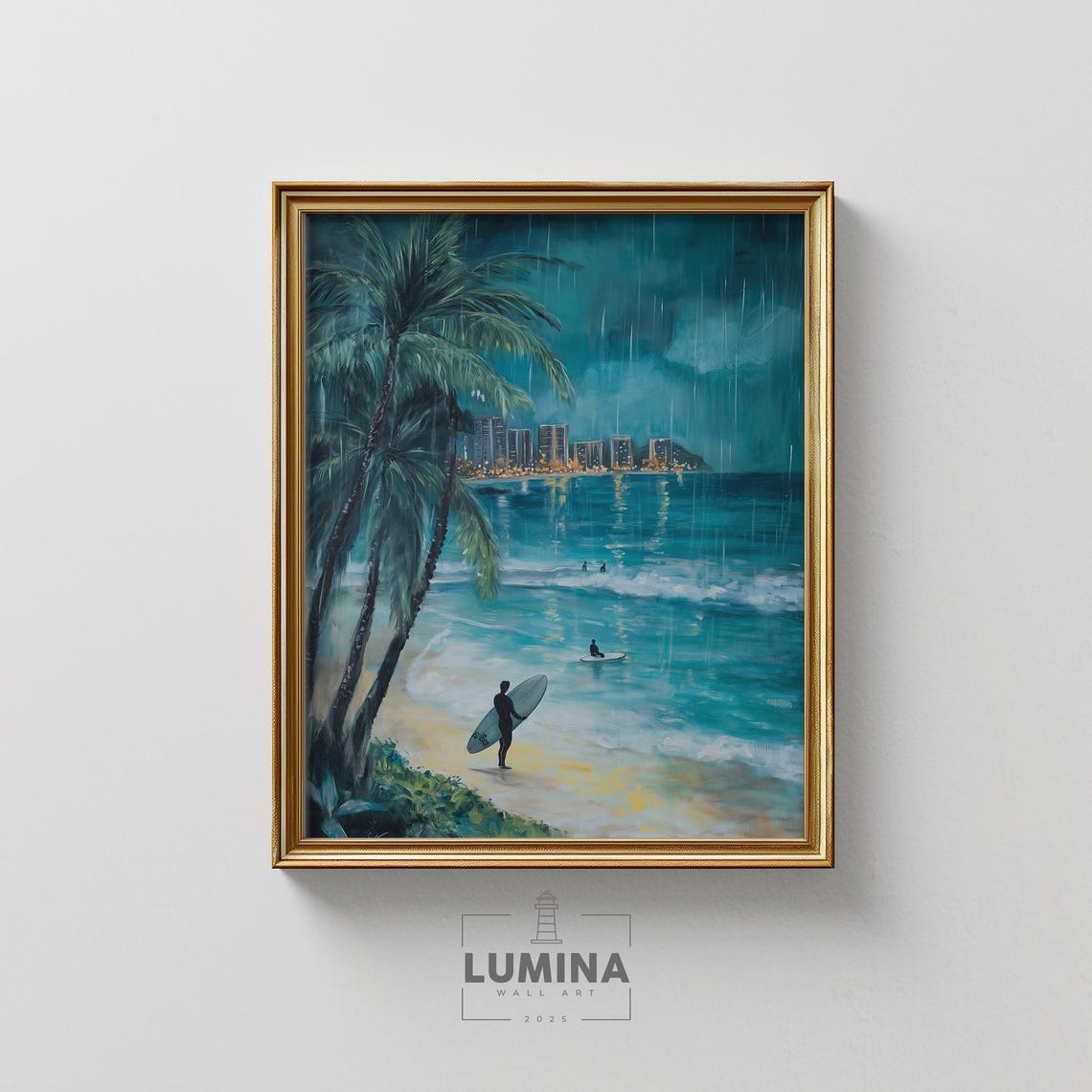 Rainy Night Surf Beach Palm Trees Bay City Lights Oil Wall Art