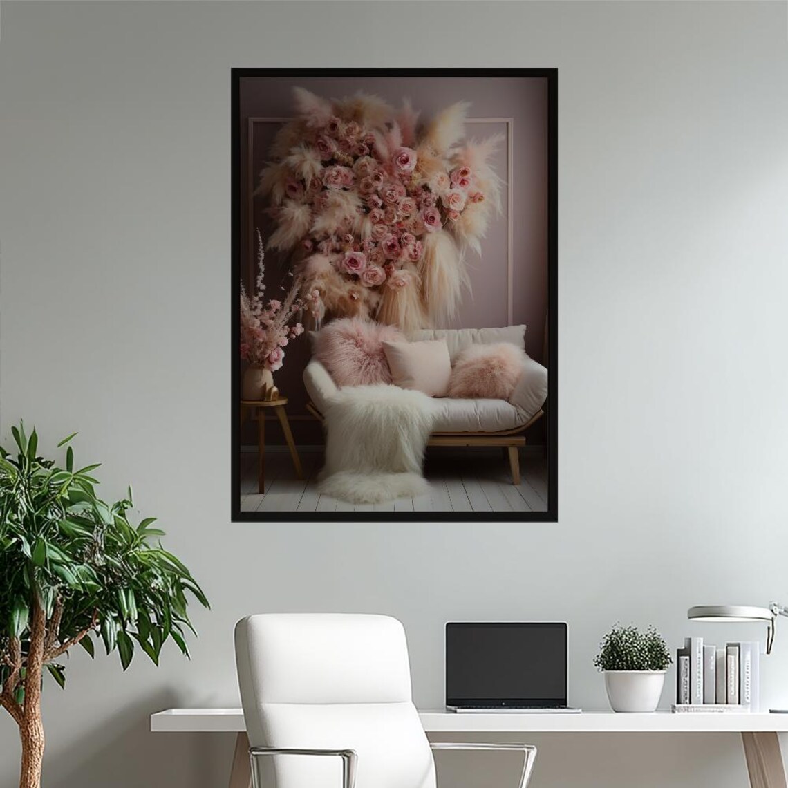 Blush Pink Pampas Grass Roses Romantic Bedroom Wall Decor Poster