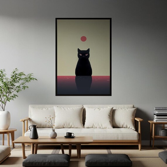 Minimalist Black Cat With Red Sun Japanese Style Water Reflection Poster